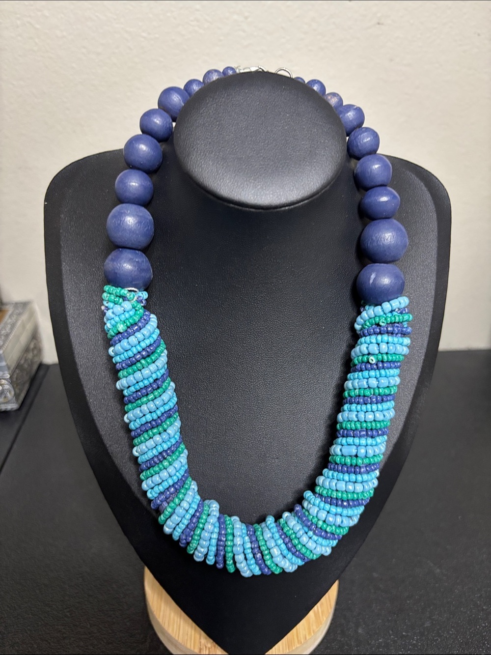 Boho Bold Navy Teal Wood Glass Multi-Strand Beaded Necklace